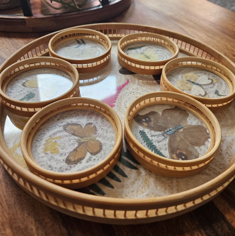 1970 Vintage Butterfly Pressed Bambo Coaster Tray